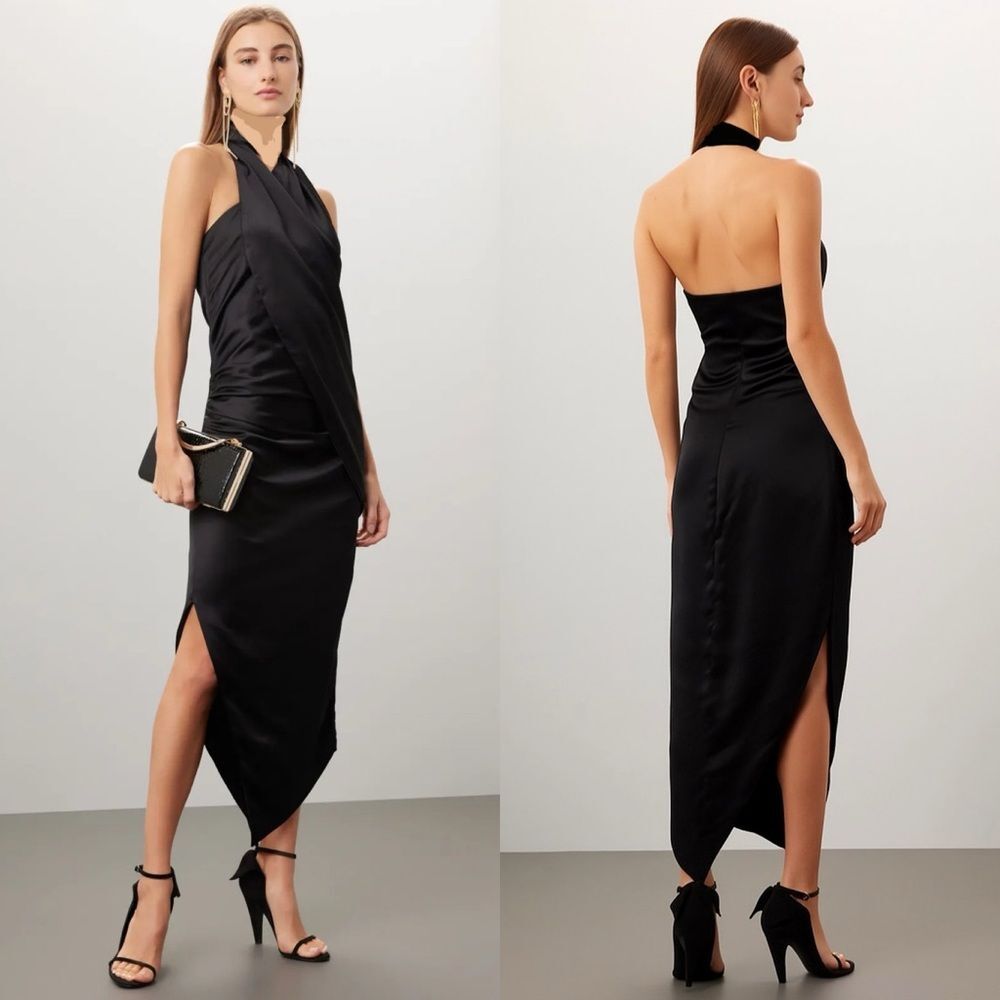 Arias Black Halter Satin Dress Asymmetrical Size 2 Cocktail Formal Party